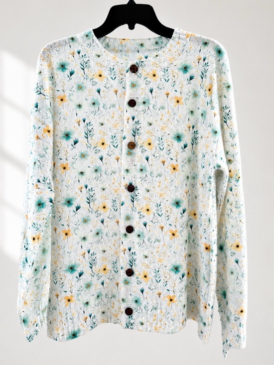Vintage Sweaters - Vintage White Cottagecore Floral Button-Up Cardigan with Yellow & Teal Flowers
